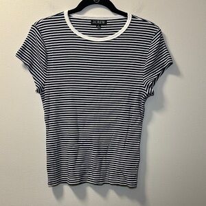 💛J. Crew Women’s Navy Blue/White Stripe Vintage Rib Fitted Cap Sleeve Shirt Sz L